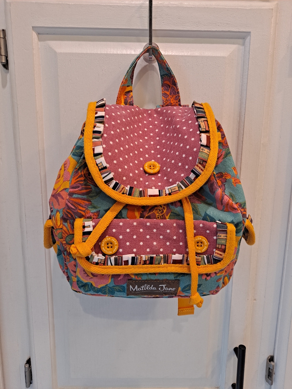 Matilda Jane Floral & Polka Dot Mini Backpack Pink Teal Yellow Book Ruffle Motif